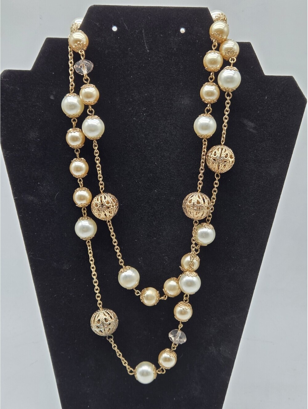Gold Tone Faux Pearl Filigree Bead Long Necklace Multi Strand Fashion Jewelry